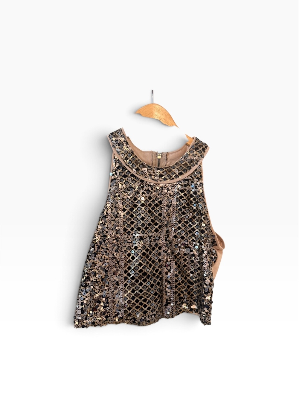 Y2K rue 21 black and tan brown gold sequin embellished crop high neck large